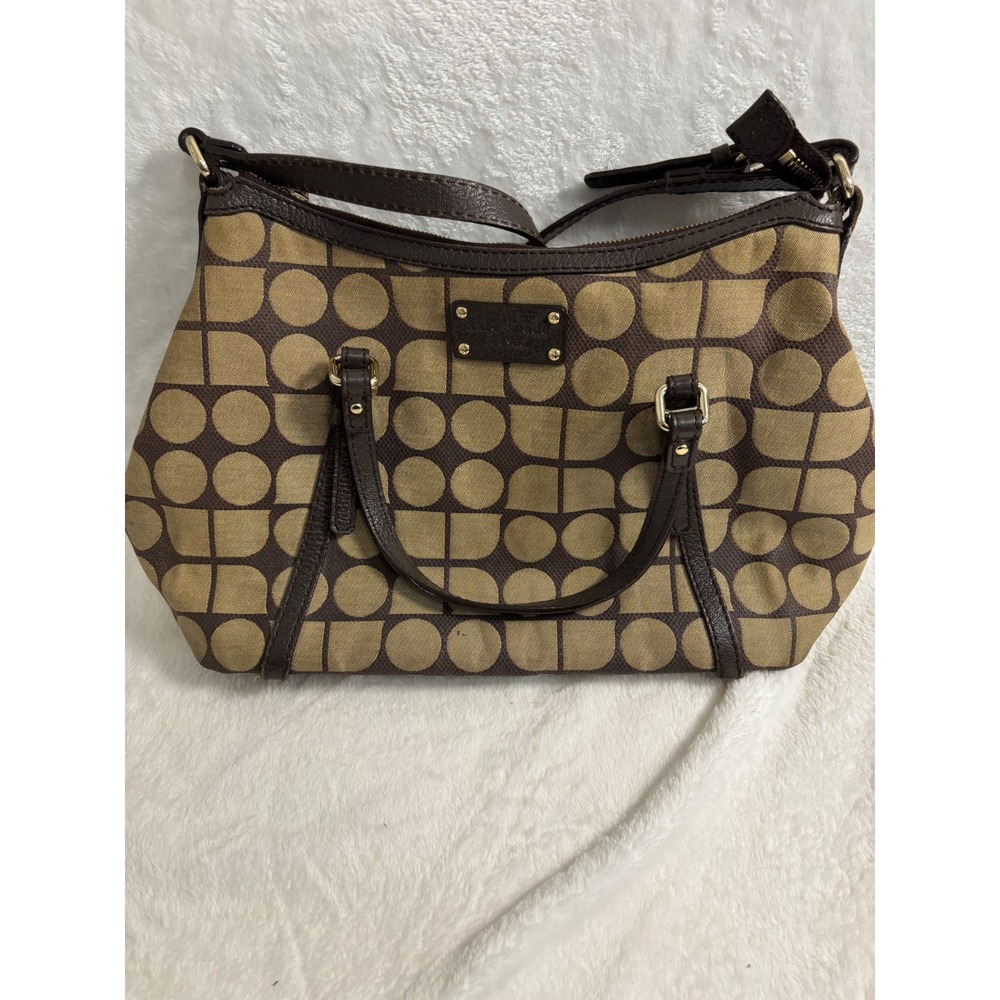 Kate Spade Brown Tan Geometric Spade Print Canvas Leather Satchel Shoulder Bag
